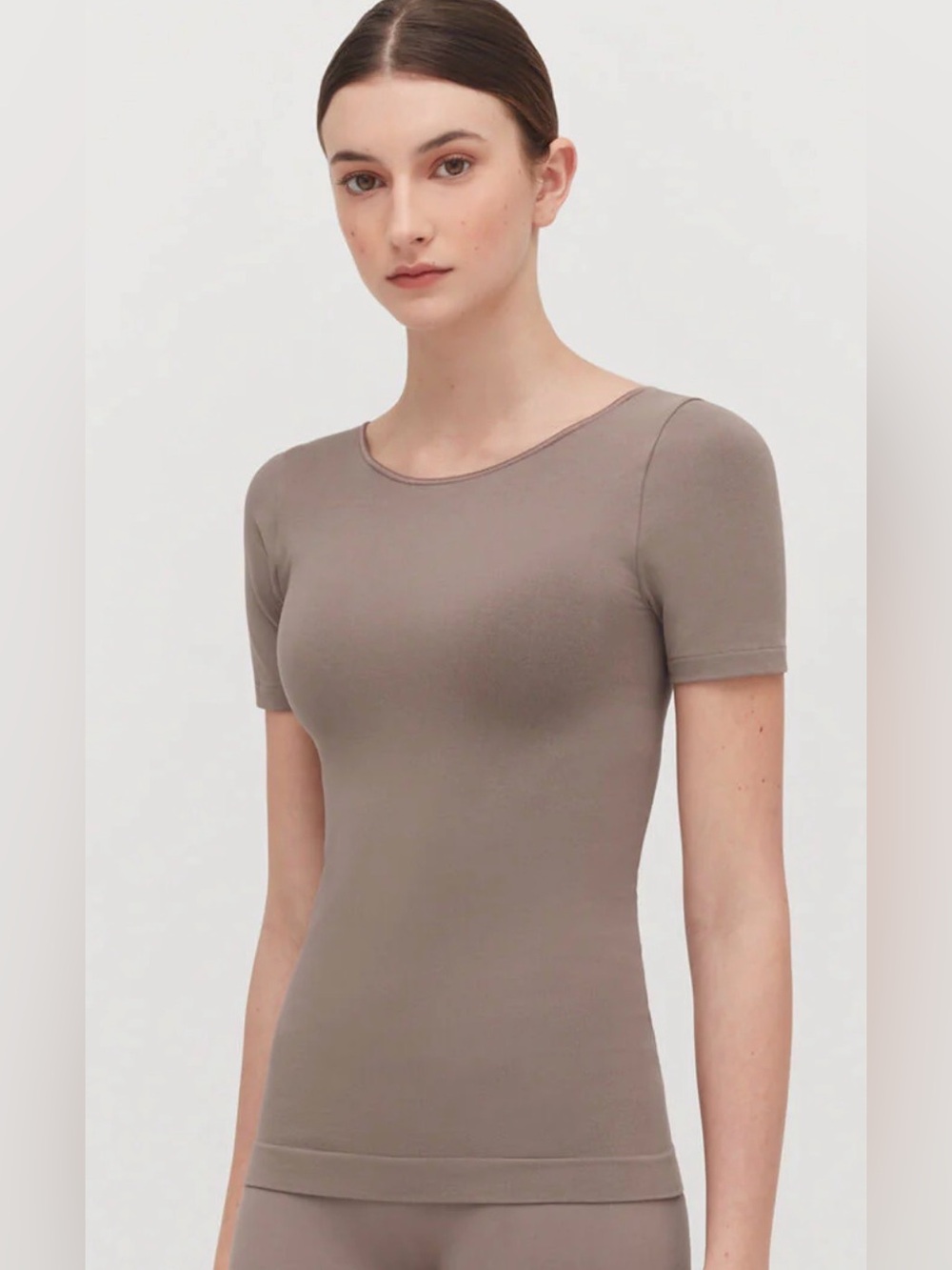 Cuyana Stretch Scoop Neck Tee Mushroom Seamless Reversible Quiet Luxury Top S/M